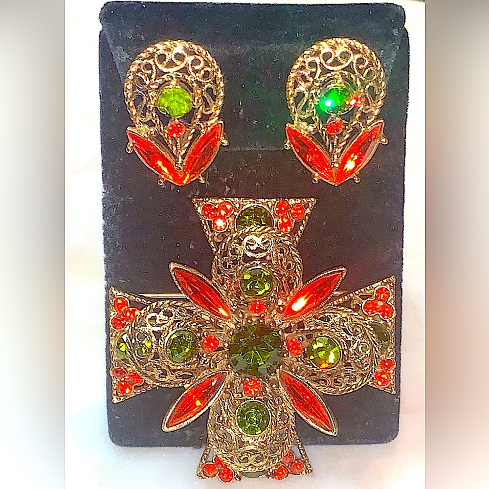 EMMONS MALTESE BROOCH CLIP EAR SET GREEN ORANGE VINTAGE GOLD REGAL SPLENDOR 1970 - Picture 3 of 11